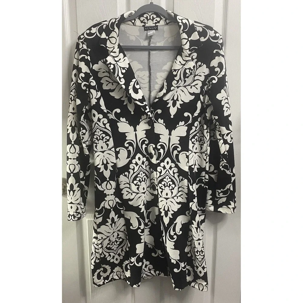VENUS Womens Black&White Printed Floral‎ Button-up Long Blazer Cardigan Sz. M